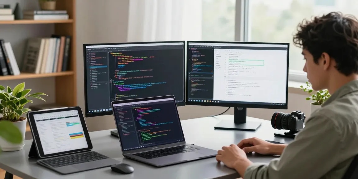 Developer coding on laptop in a modern workspace at teiegramin.com with bright natural light and tech gadgets.