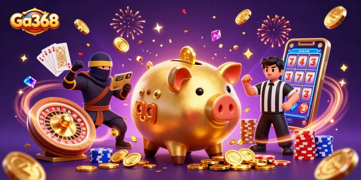 Watch Ga368's exciting digital illustration showcasing a dynamic piggy bank sumo wrestler in an energetic gambling scene.