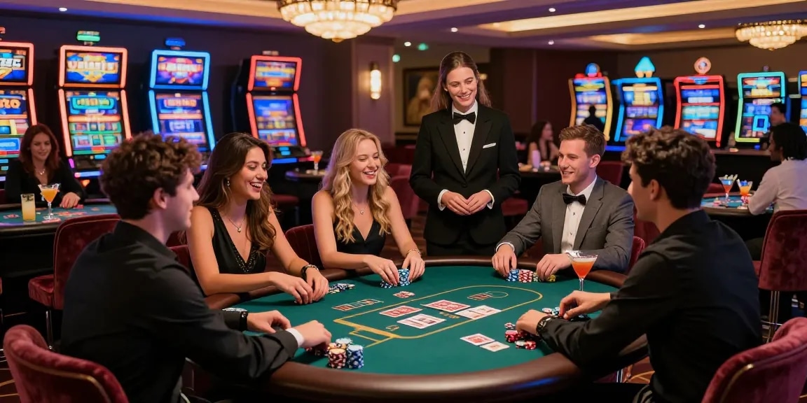 Exciting gaming atmosphere with friends at IWIN casino tables and lively slot machines.