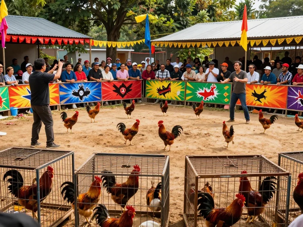 Điểm đấu Cá đó đá gà thomo với những người hâm mộ phấn khích và bầu không khí sôi động.