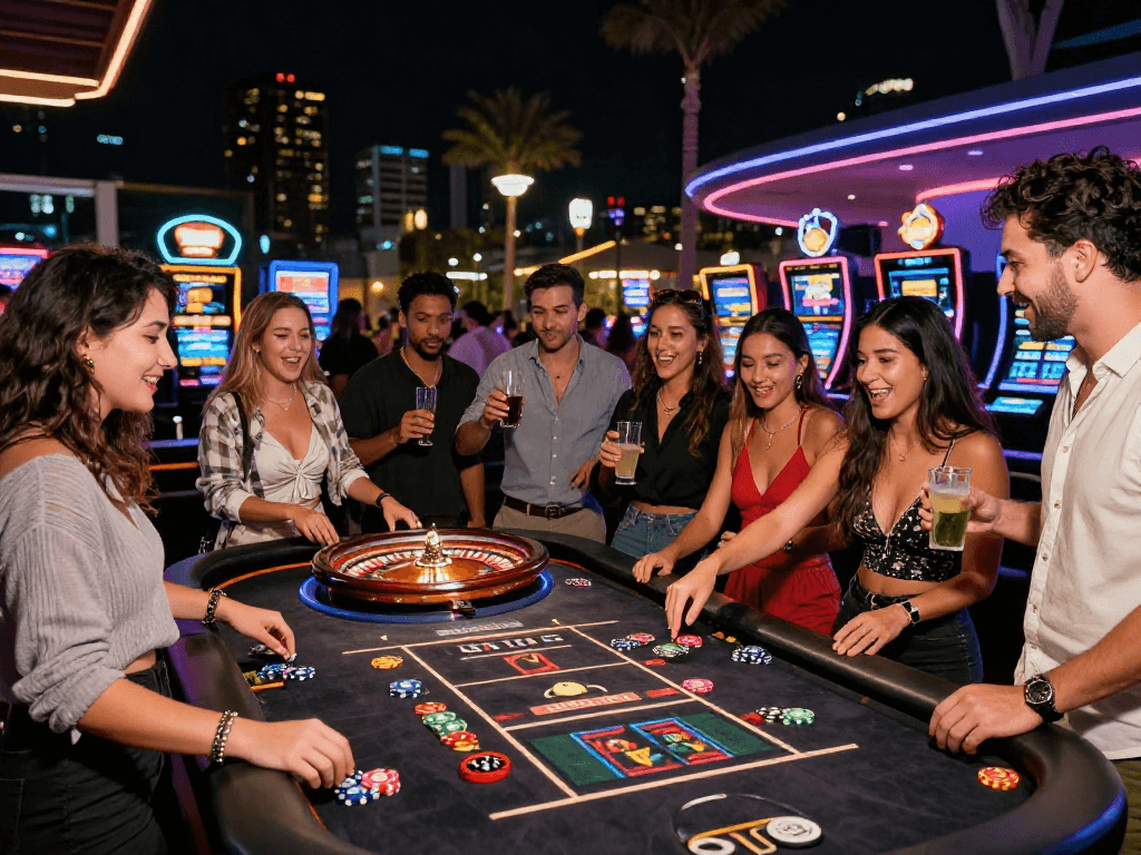 Giocatori coinvolti in una scena di festa in un casinò non AAMS, giochi e luci vivaci.