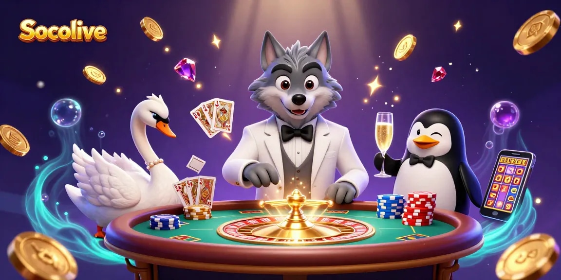Socolive enhances your betting experience with dynamic energy as characters joyfully engage at the baccarat table.