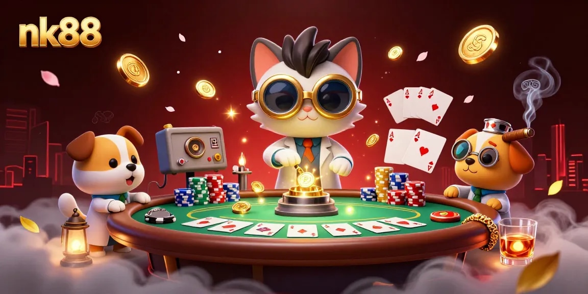 Experience thrilling games with nk88 as the mad scientist cat conjures fortune at the poker table.