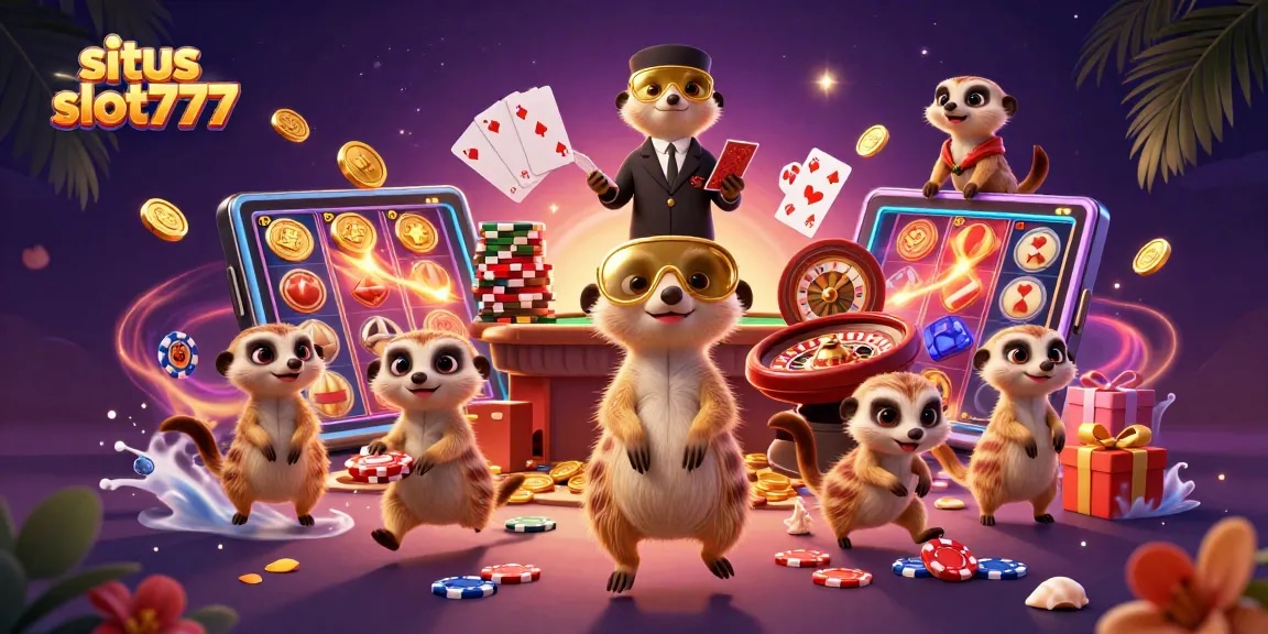 Engaging scene showcasing situs slot777 with meerkats operating a vibrant casino, surrounded by slot games and colorful gaming elements.