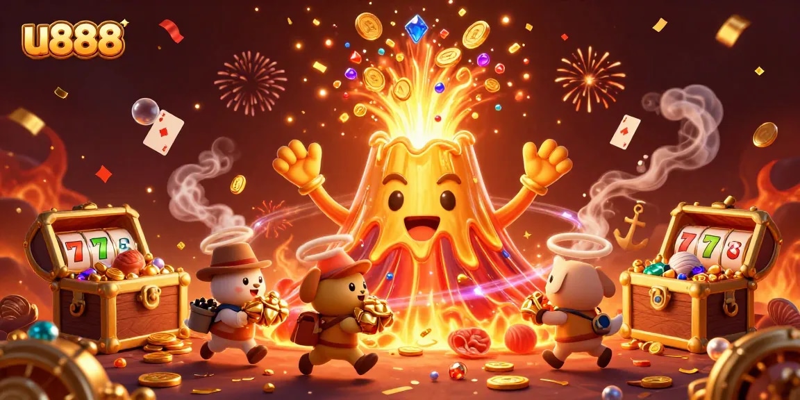 Spin to win with u888: a jubilant golden volcano erupting treasures and gaming elements in a vibrant casino scene.