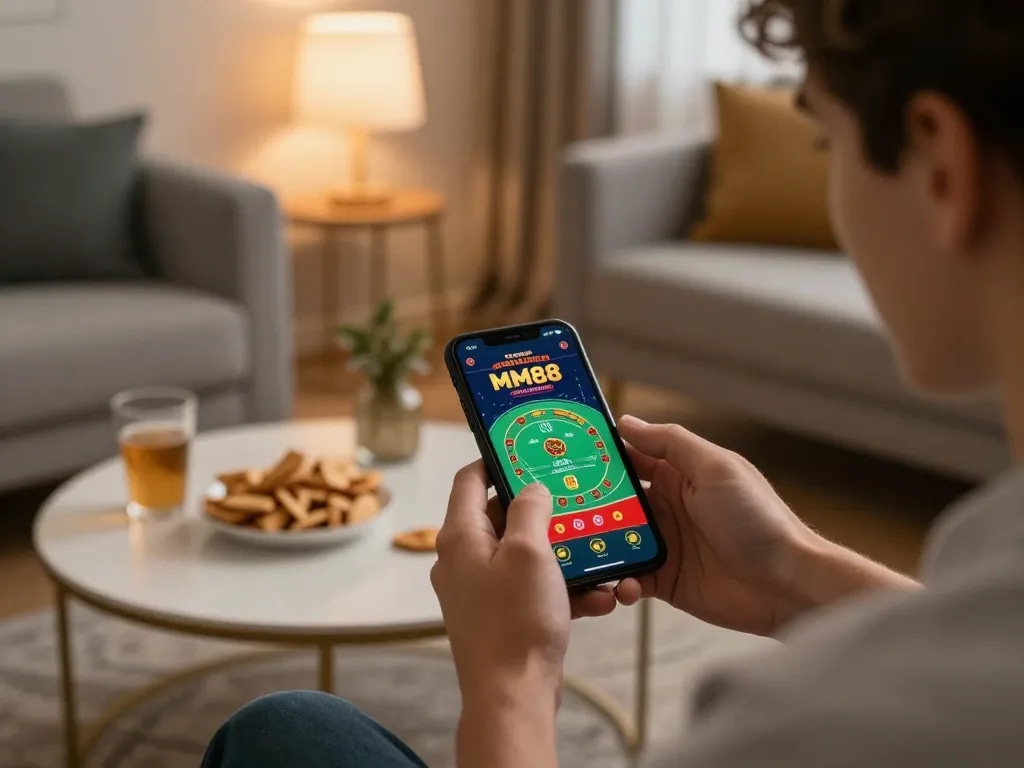 MM88 player enjoying live dealer game on smartphone in cozy home.