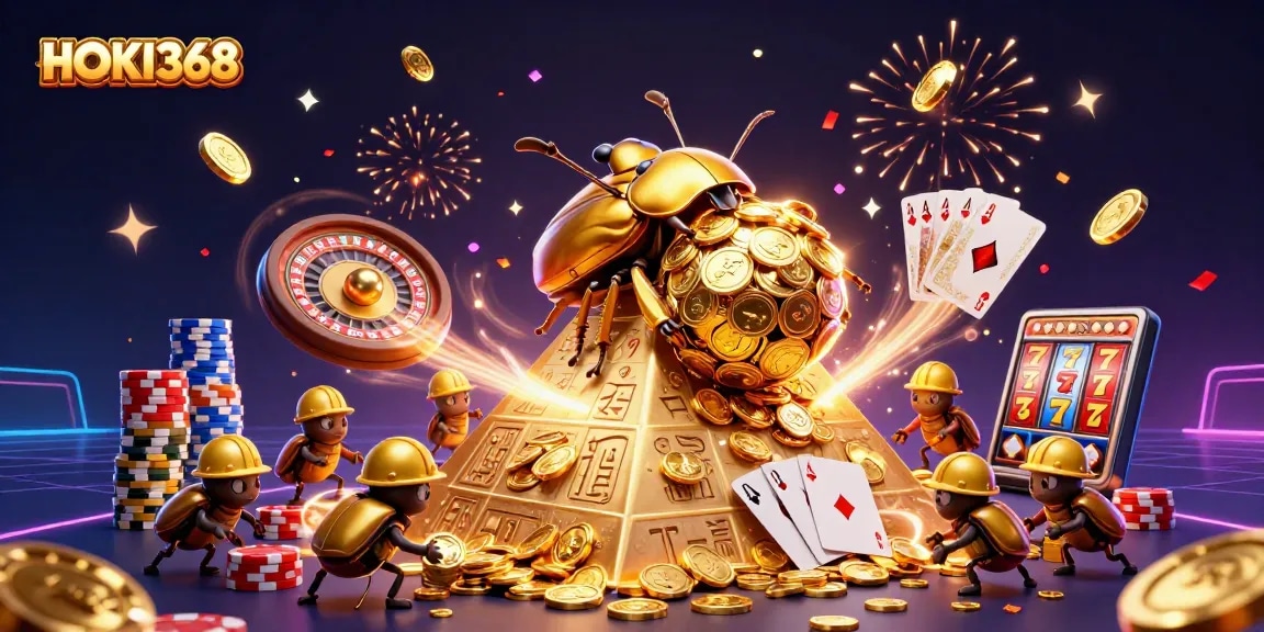 Experience the excitement of HOKI368 with golden coins cascading in a dynamic casino scene.