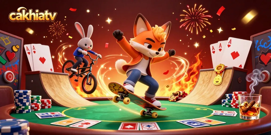 CakhiaTV showcases an exciting 3D spectacle of fox and rabbit characters performing dynamic tricks amidst vibrant casino elements.
