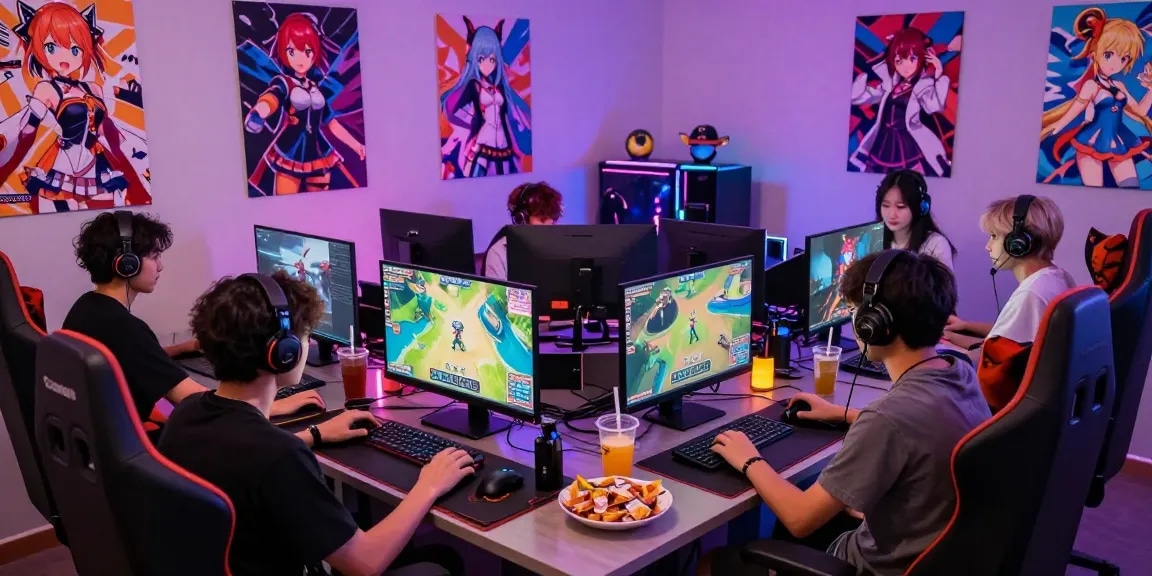 Diverse gamers enjoying a multiplayer hentaigame session with vibrant character art and cozy ambiance.