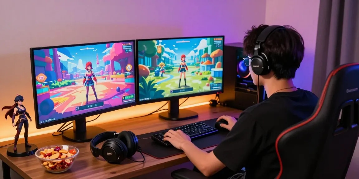 Player immersed in thrilling hentai games on a colorful dual monitor setup, showcasing anime-inspired graphics and gaming accessories.