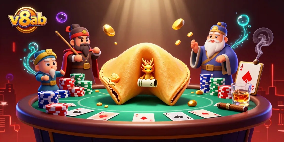 Experience thrilling gameplay with v8ab's giant golden fortune cookie in a vibrant casino scene.