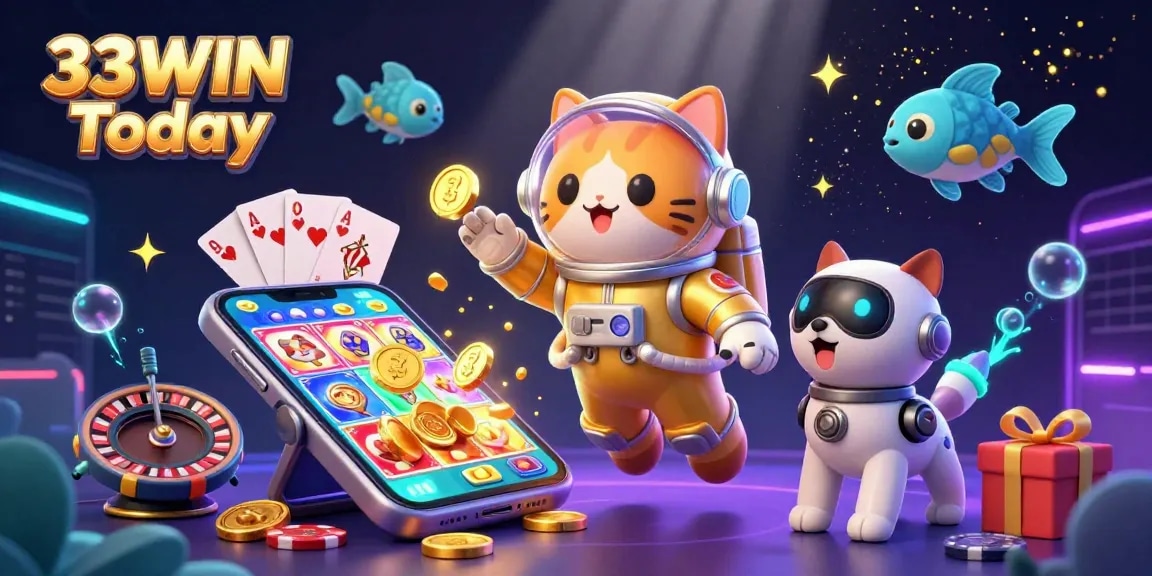 Engage with thrilling games at 33WIN Today, featuring a colorful slot game amidst a vibrant, dynamic scene.