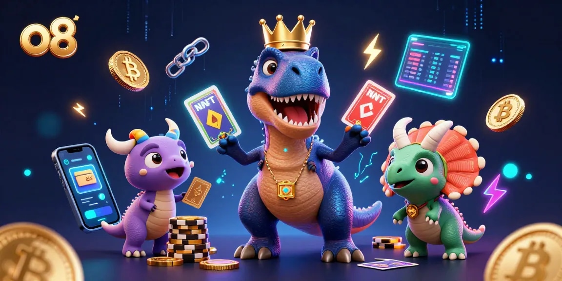 Interact with o8 by witnessing a T-Rex shuffle cards while a triceratops stacks golden chips in a colorful casino scene.