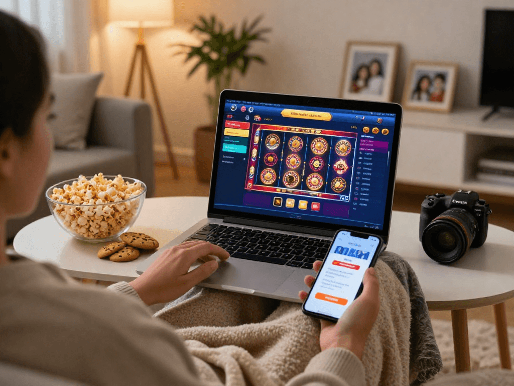 Ambiente di gioco online con laptop che mostra una lista casinò non aams e snack sul tavolo.