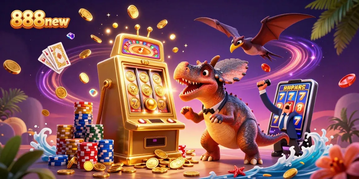 Engage with exciting jackpots at 888new as a cartoon dinosaur celebrates winning coins from a colorful slot machine.