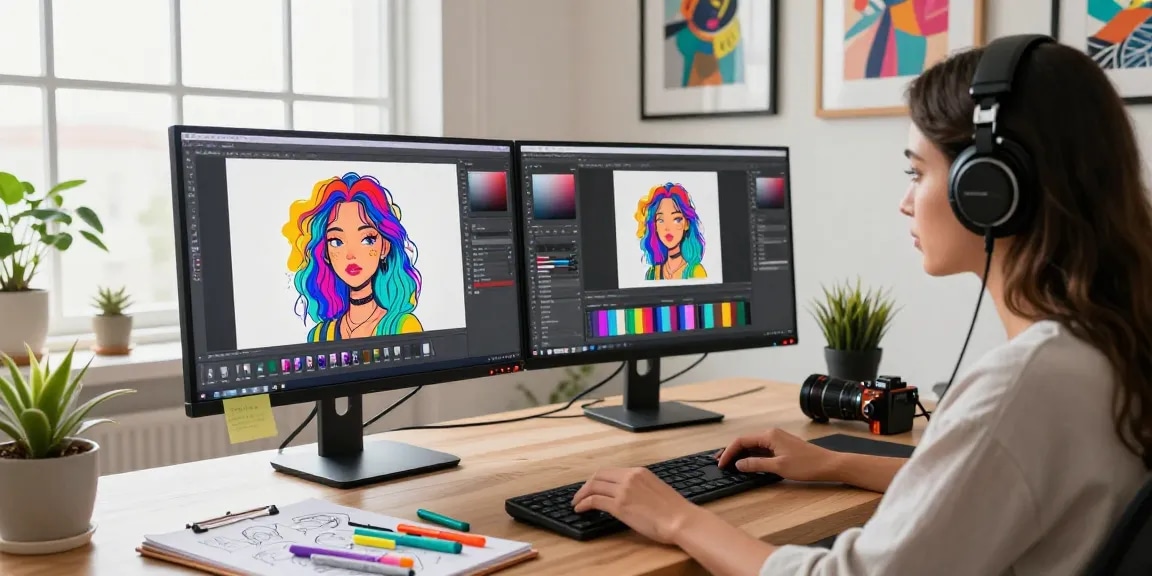 Digital artist utilizing nano banana 2 AI editor in a vibrant workspace surrounded by creative tools and ambient lighting.