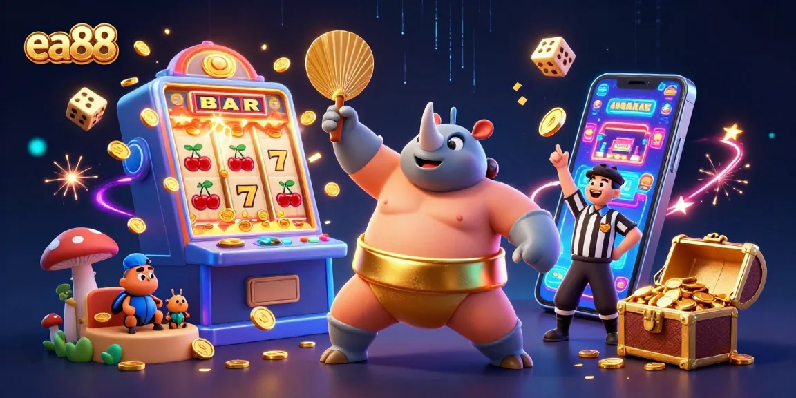 ea88 features a dynamic casino scene with a sumo beetle champion and coin jackpots.