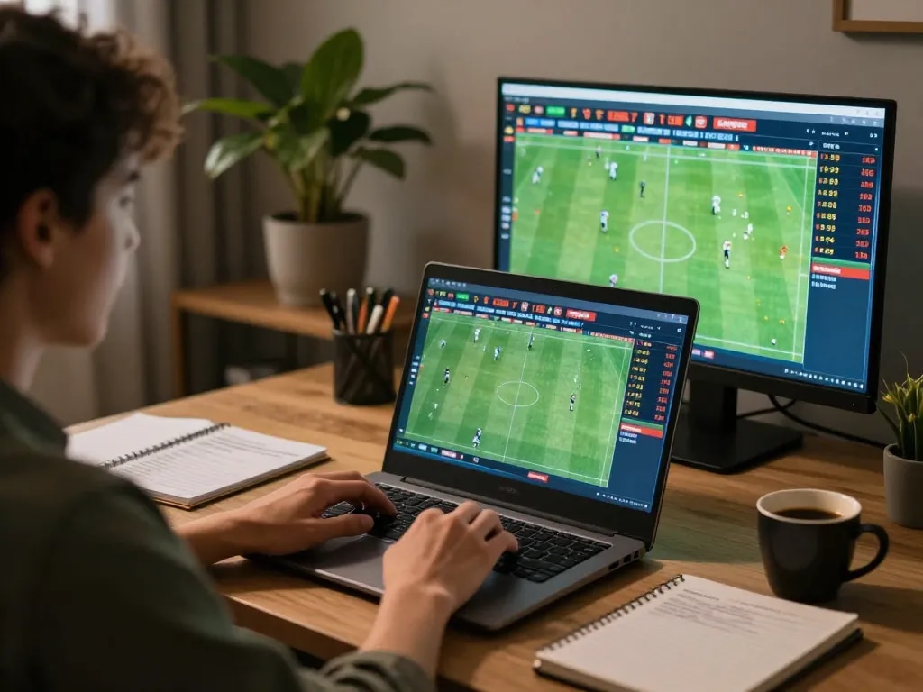 Engaging in online sports betting using laptop to track tỷ lệ kèo nhà cái 5 and manage betting strategies