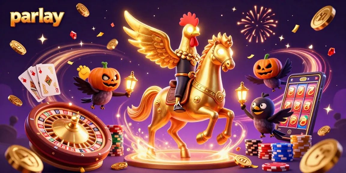 Experience thrilling parlay betting in a vibrant casino scene with golden coins and sparkling gems.