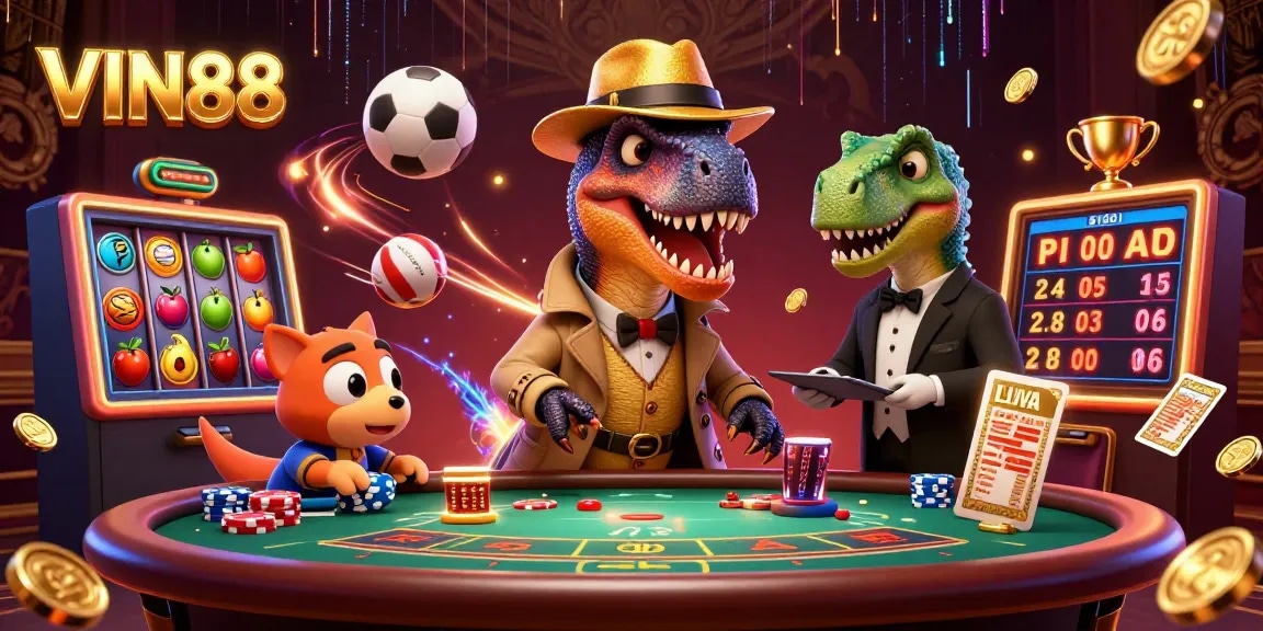 Experience dynamic gameplay with the VIN88 velociraptor at the blackjack table amidst thrilling casino chaos.