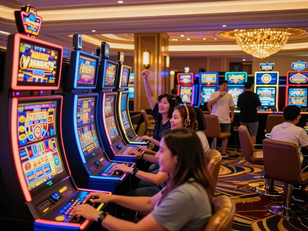 Players enjoying vibrant slot machines at LC88, celebrating wins in an exciting casino atmosphere.