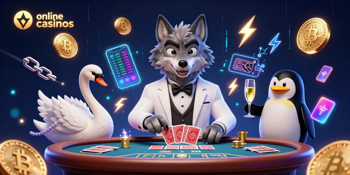 Engaging online casinos scene with a wolf, swan, and penguin in a vibrant crypto casino atmosphere.