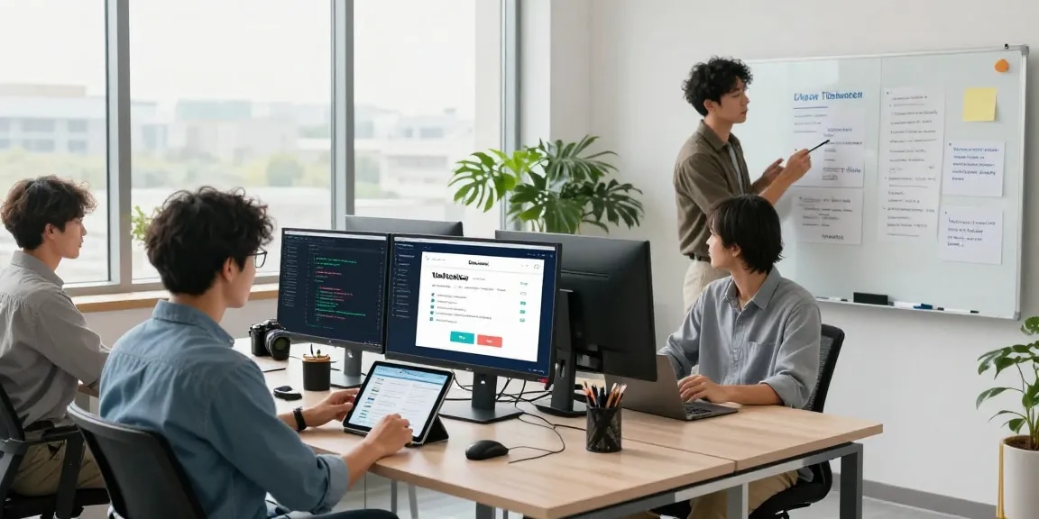 Innovative age verification system development scene with diverse team in modern office.