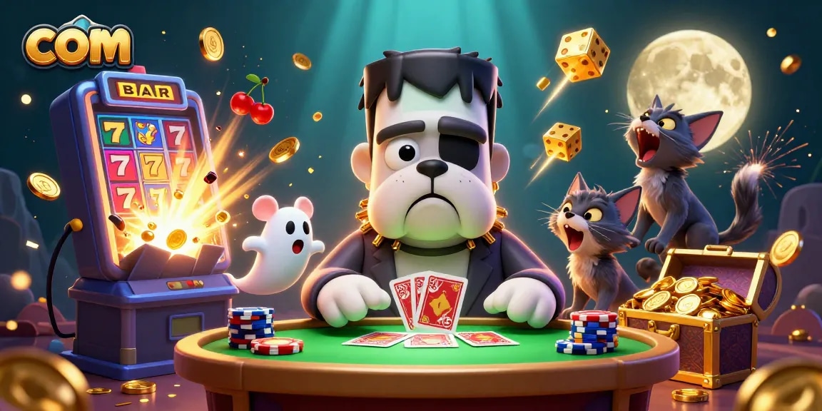 Experience thrilling action at com with a Frankenstein bulldog dealing cards at a casino.