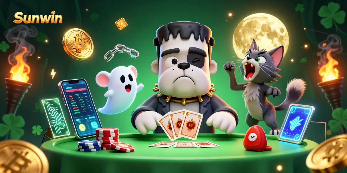 Experience thrilling card games with Sunwin's entertaining 3D casino-themed illustration featuring lively characters.