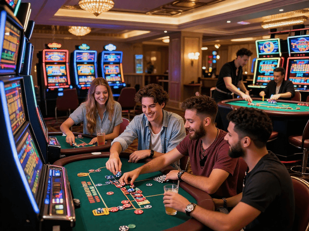 Scena vibrante di un'animata serata nei migliori casino non AAMS, con amici che si divertono tra slot machine e tavoli da poker.