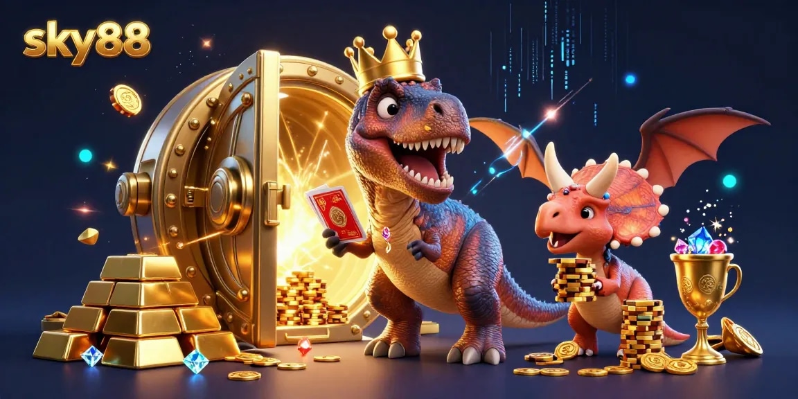 Experience the thrill of sky88 with a cartoon T-Rex shuffling cards and friends stacking golden chips in a vibrant casino scene.