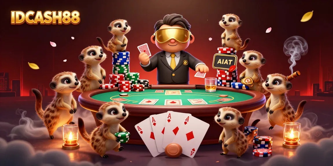 Experience excitement with IDCASH88 as meerkats engage in casino fun, featuring vibrant poker action.