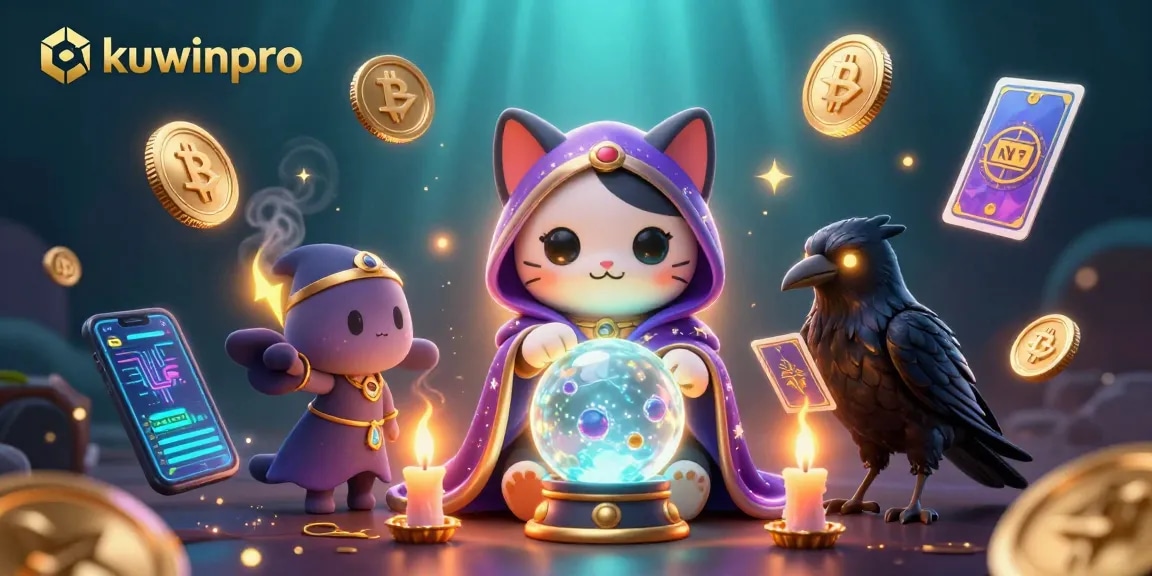 Engage in thrilling games at kuwinpro with a mystical cat, raven, and vibrant crypto elements.