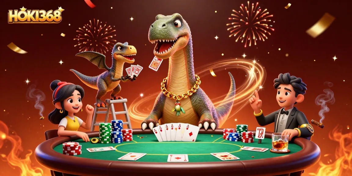 Engage in thrilling gameplay at HOKI368, where a massive brontosaurus oversees intense poker action amidst vibrant casino ambiance.