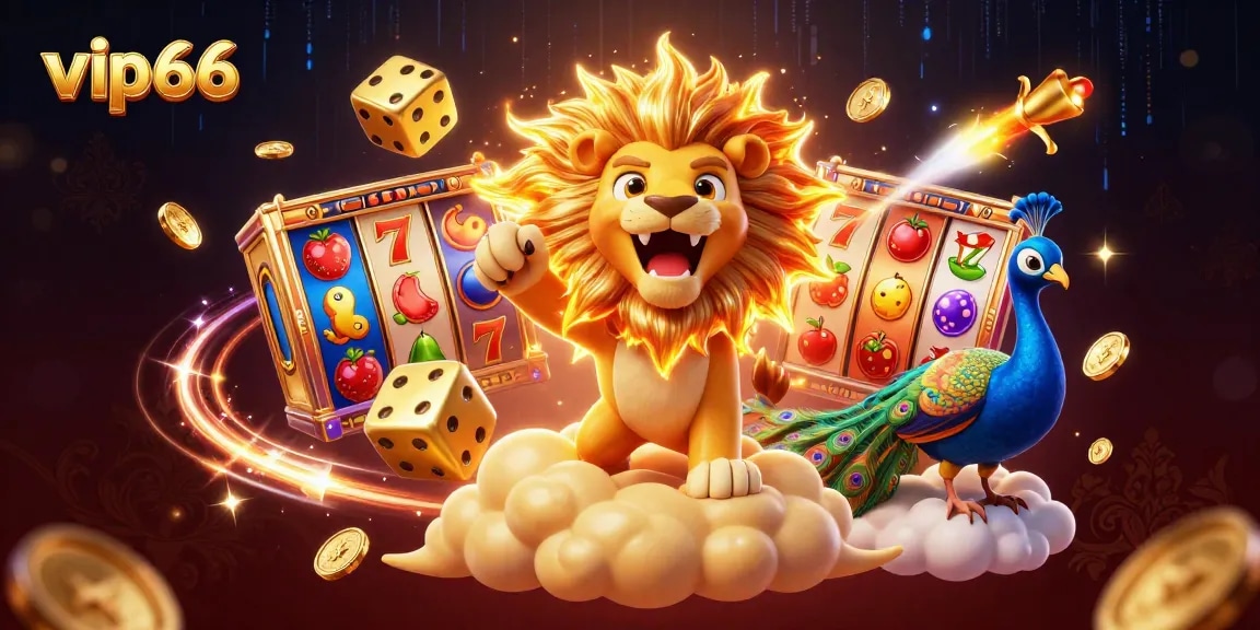 Experience excitement and winnings with vip66 in this lively slot-themed 3D casino illustration.