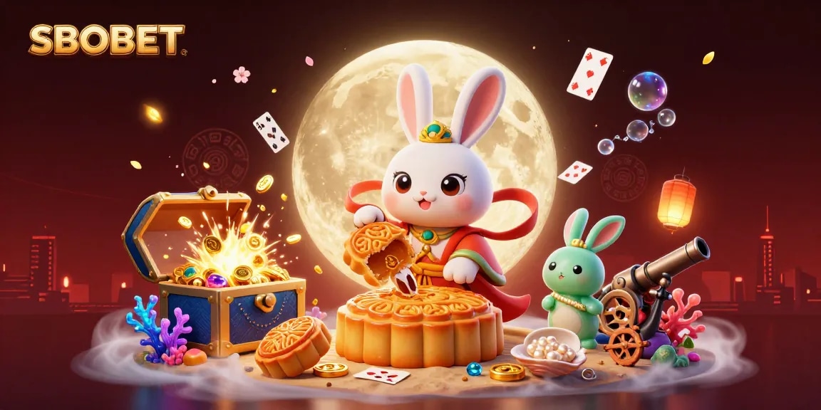 SBOBET engages players with a vibrant 3D moon rabbit illustration highlighting festive gambling elements like poker chips and treasure.
