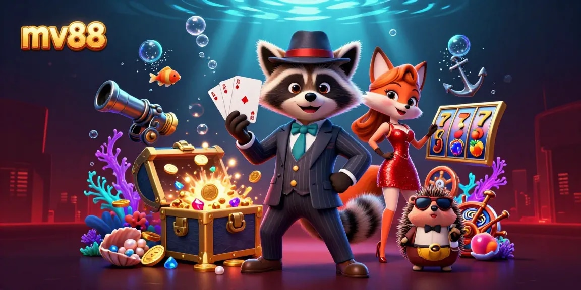 Experience the thrill of mv88 with playful characters exploring a vibrant casino world filled with gold and excitement.