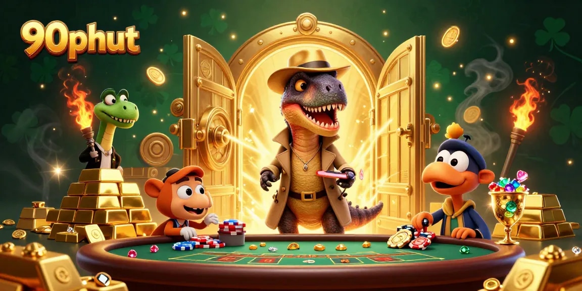 90phut showcases a velociraptor card counter at a casino with gold treasures and dynamic lighting.