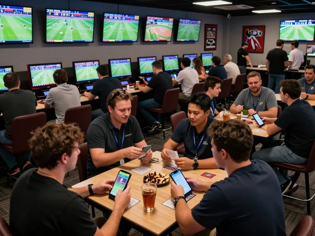 Betting excitement at 78WINCOM sports lounge with friends placing bets and watching live events