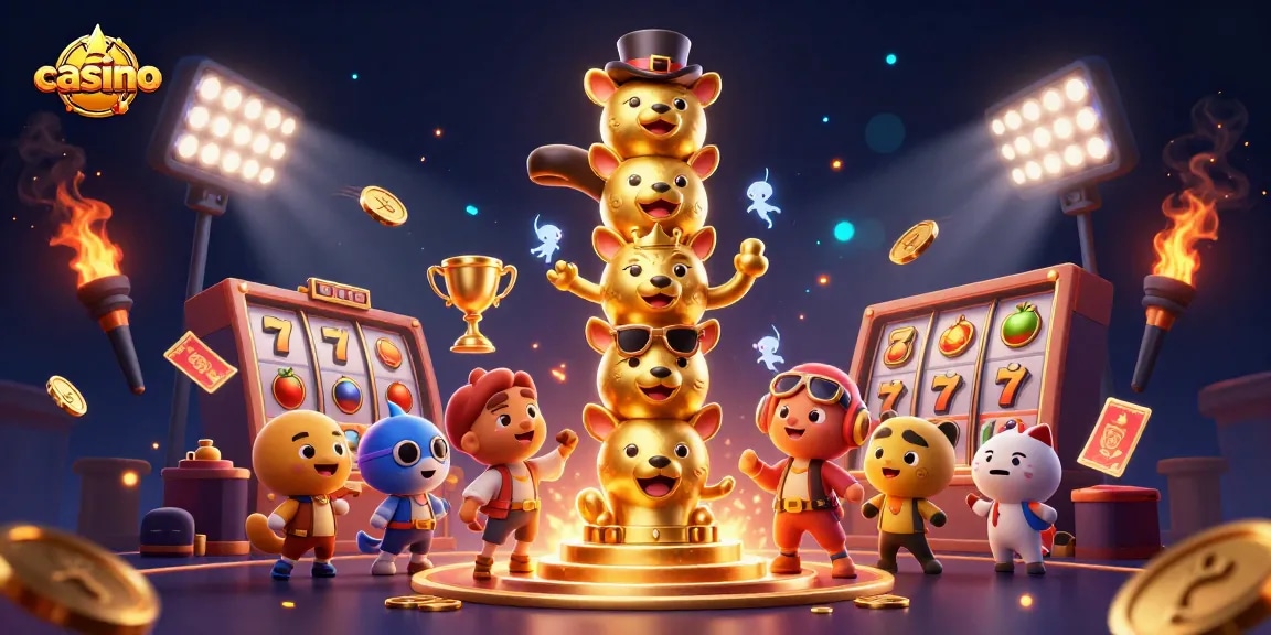 Experience the excitement of a casino with dynamic slot reels and vibrant golden totems.