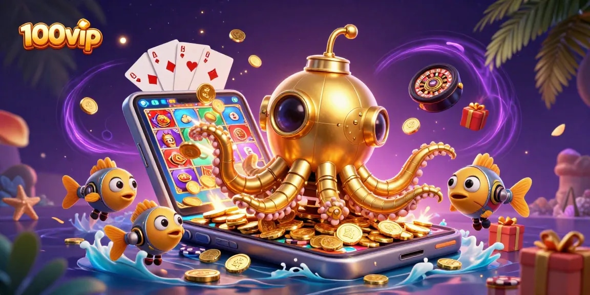 Engage with thrilling 100vip gaming experiences featuring a golden kraken and dynamic casino elements.