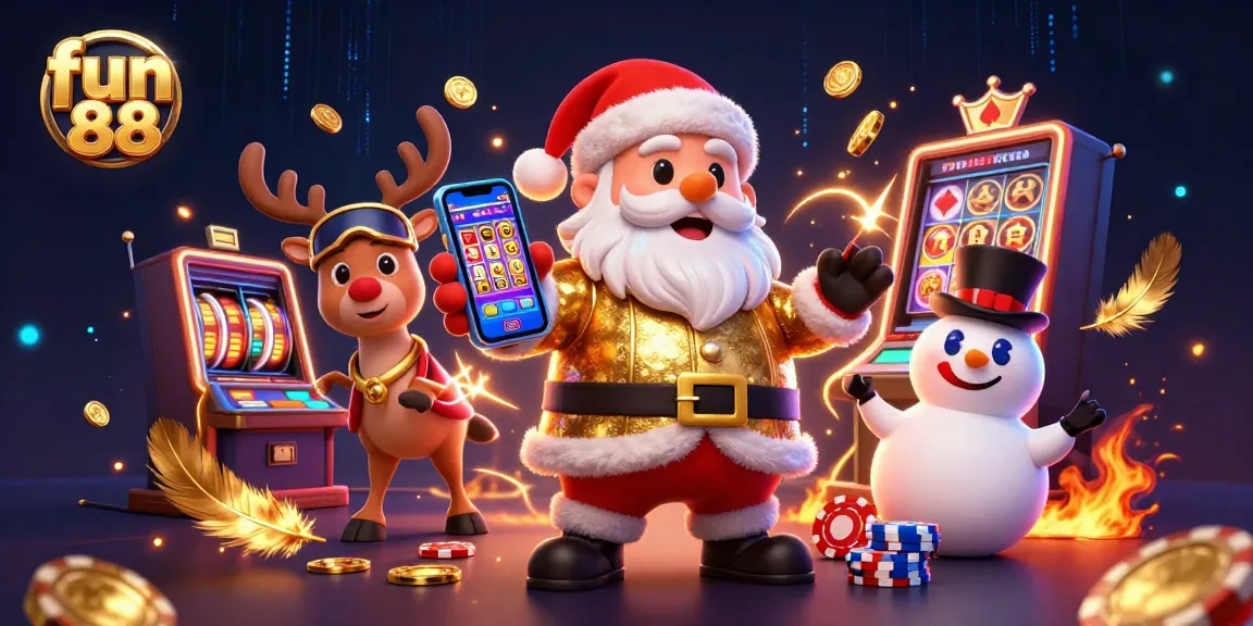Spin the reels at fun 88's dynamic casino scene, featuring festive characters and exciting elements.