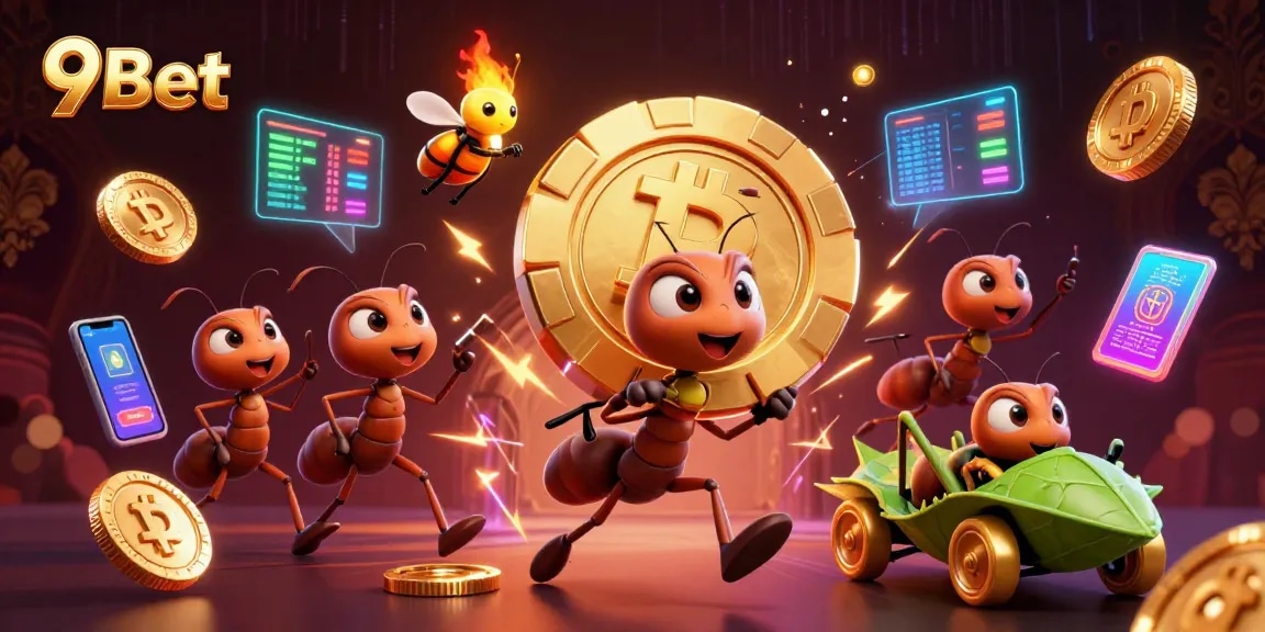 Engage with 9Bet's adventure featuring ants heisting a giant poker chip surrounded by crypto elements.