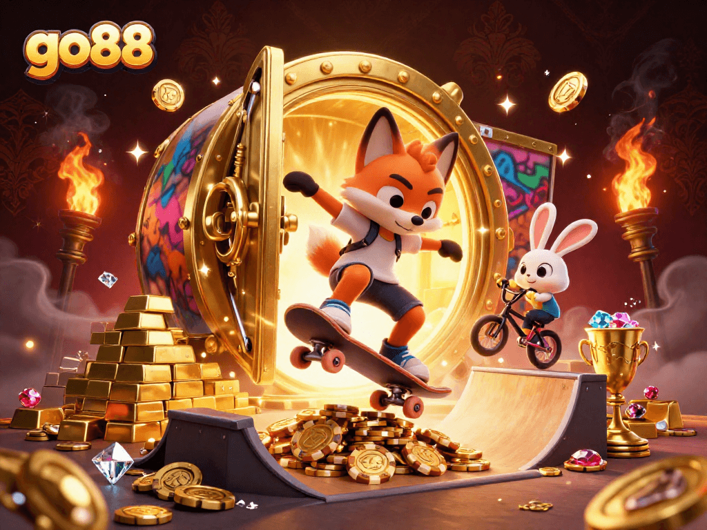 Action-packed go88 scene with animated fox and rabbit in a vibrant casino environment, showcasing excitement and winnings.