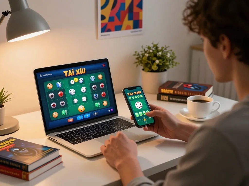 Tài xỉu mobile gaming session in a cozy home office with a smartphone displaying live betting.