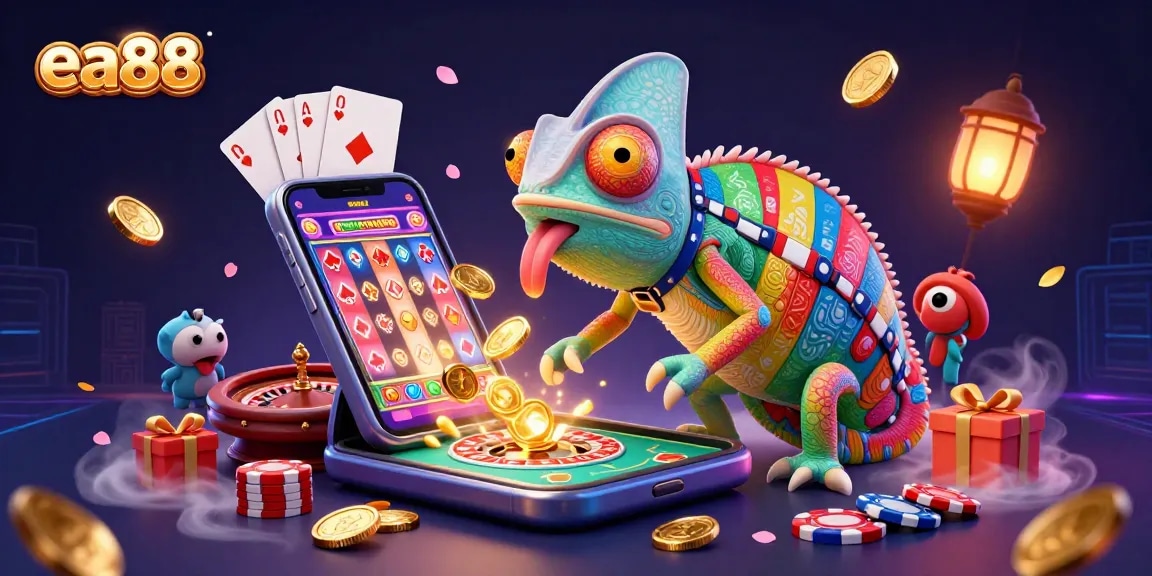 Experience the vibrant world of ea88 casino gaming with the lively chameleon character collecting golden coins amidst colorful slot games.
