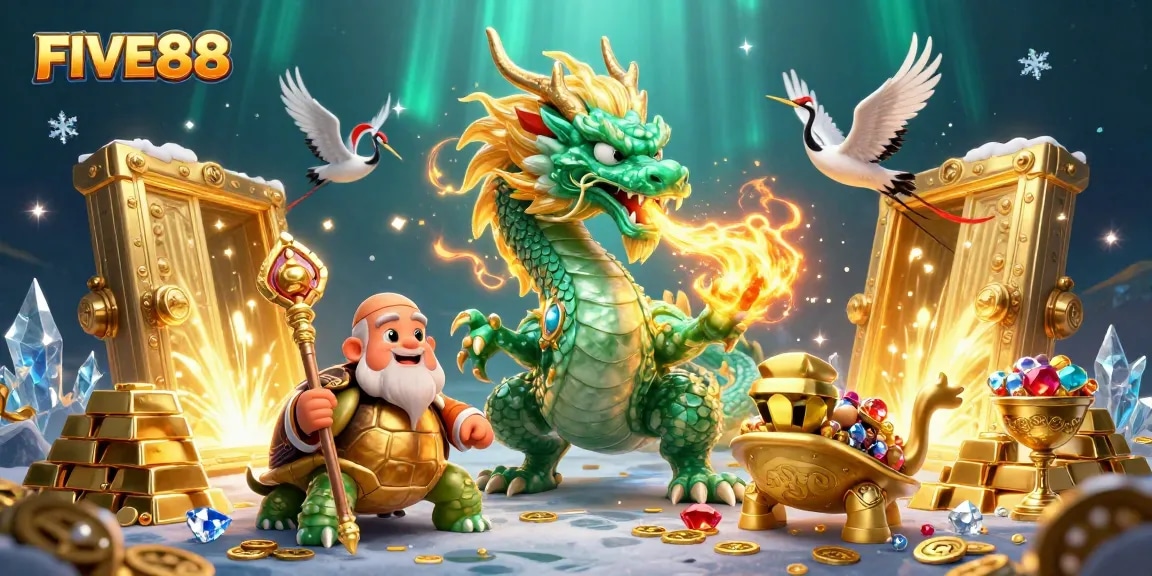 Engage with the FIVE88 casino scene featuring mythical characters and a treasure-filled backdrop.