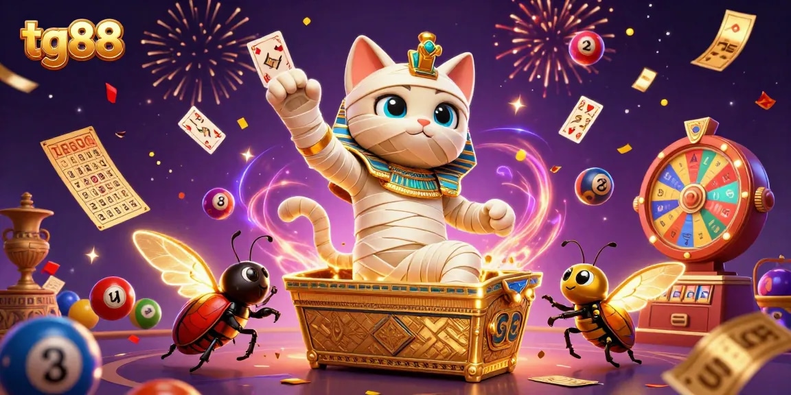 Win big with tg88 at a vibrant casino, featuring a mummy cat and fun lottery elements.