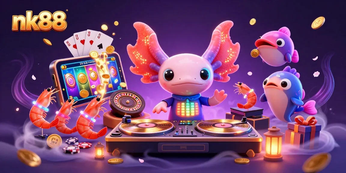 Join the vibrant gaming world at nk88 with a neon axolotl DJ and exhilarating casino elements.