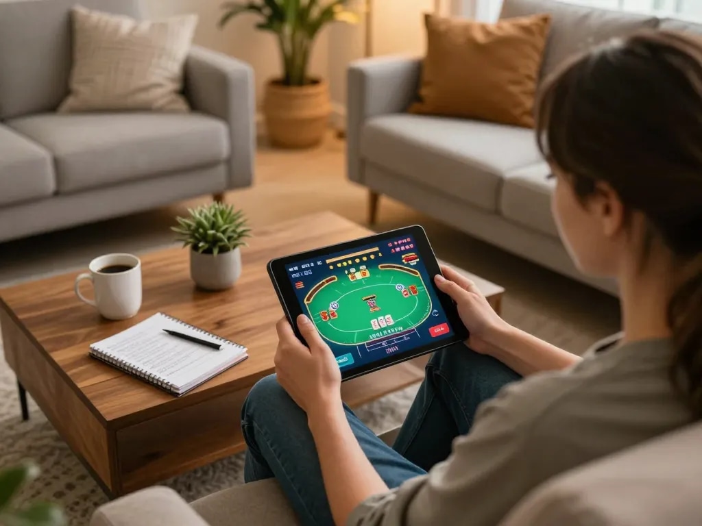 Engaging with keonhacaii poker game on a tablet in a cozy home setting